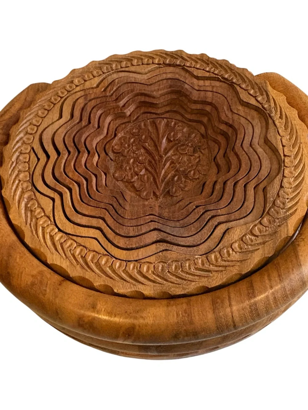 Vintage Hand-Carved Collapsible Wooden Basket with Handle